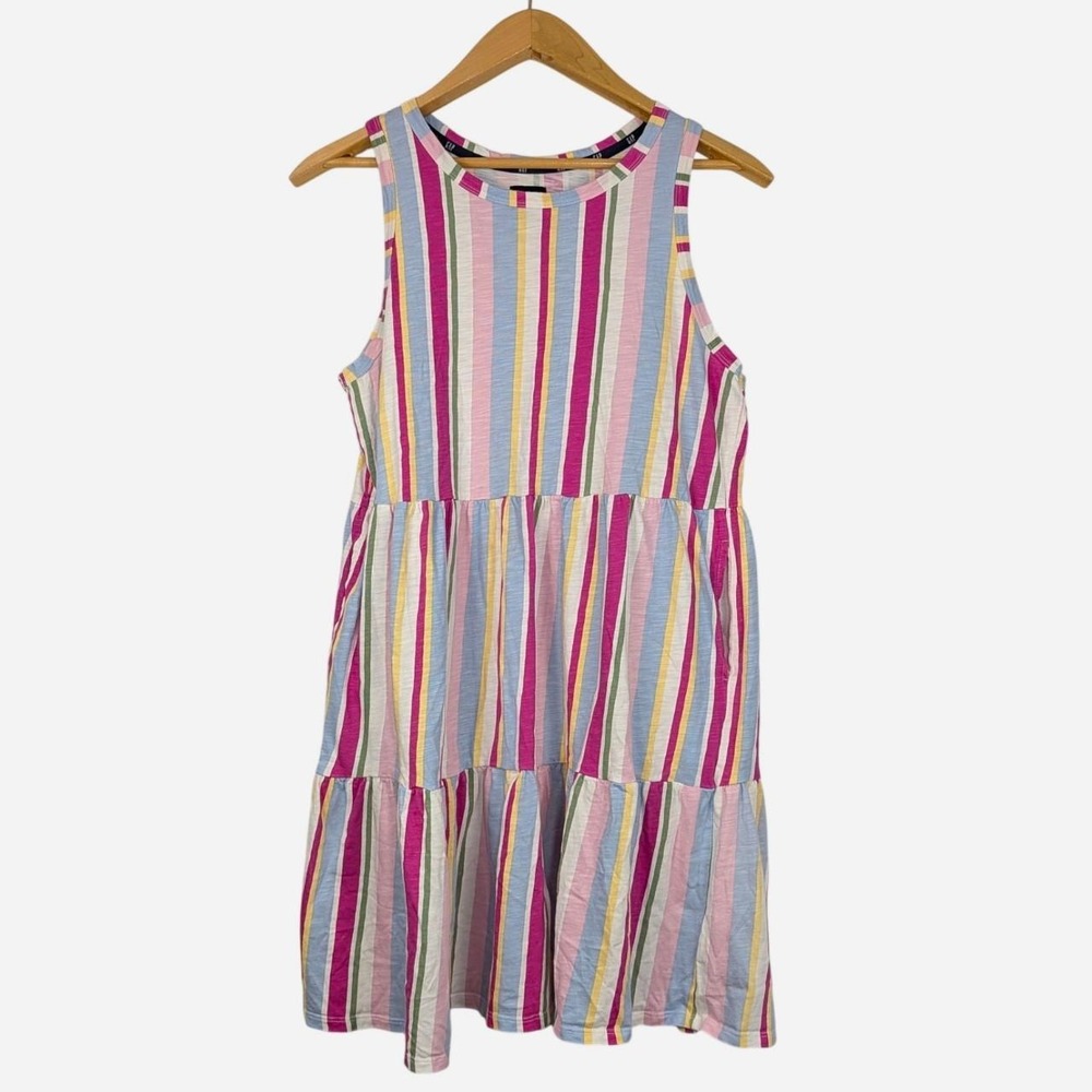 Gap Sleeveless Multi Stripe Tiered Midi Dress Pockets Medium